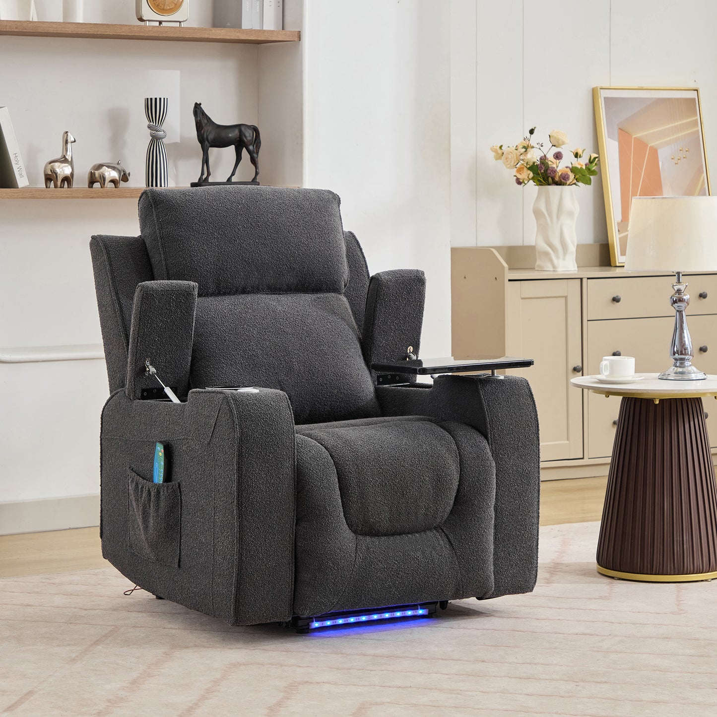 Kimble Electric Riser Recliner with Massage, Heat, Cooling Cup Holder, Storage + Table