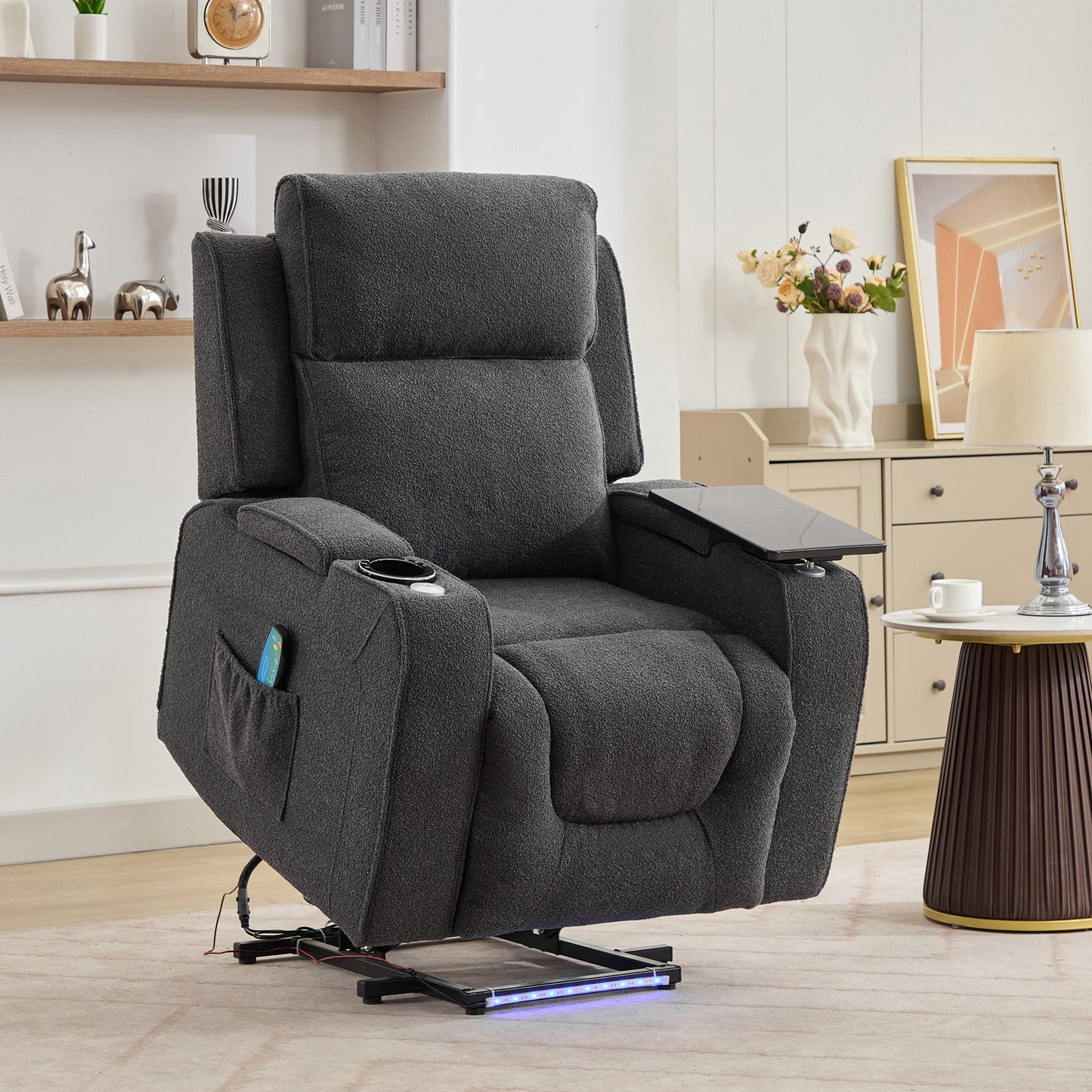 Kimble Electric Riser Recliner with Massage, Heat, Cooling Cup Holder, Storage + Table
