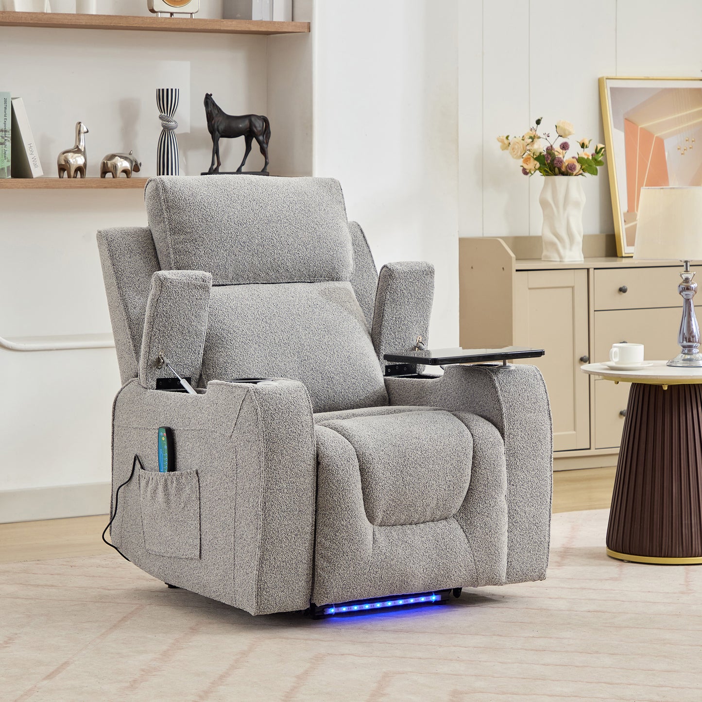 Kimble Electric Riser Recliner with Massage, Heat, Cooling Cup Holder, Storage + Table