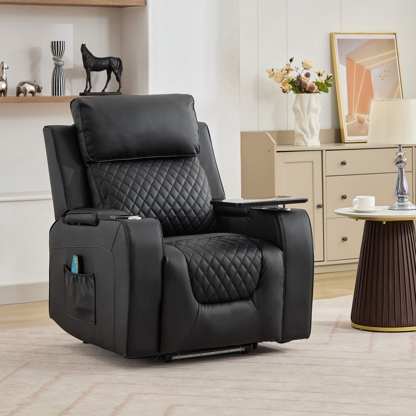 Bancroft Electric Riser Recliner with Massage, Heat, Cooling Cup Holder, Storage + Table