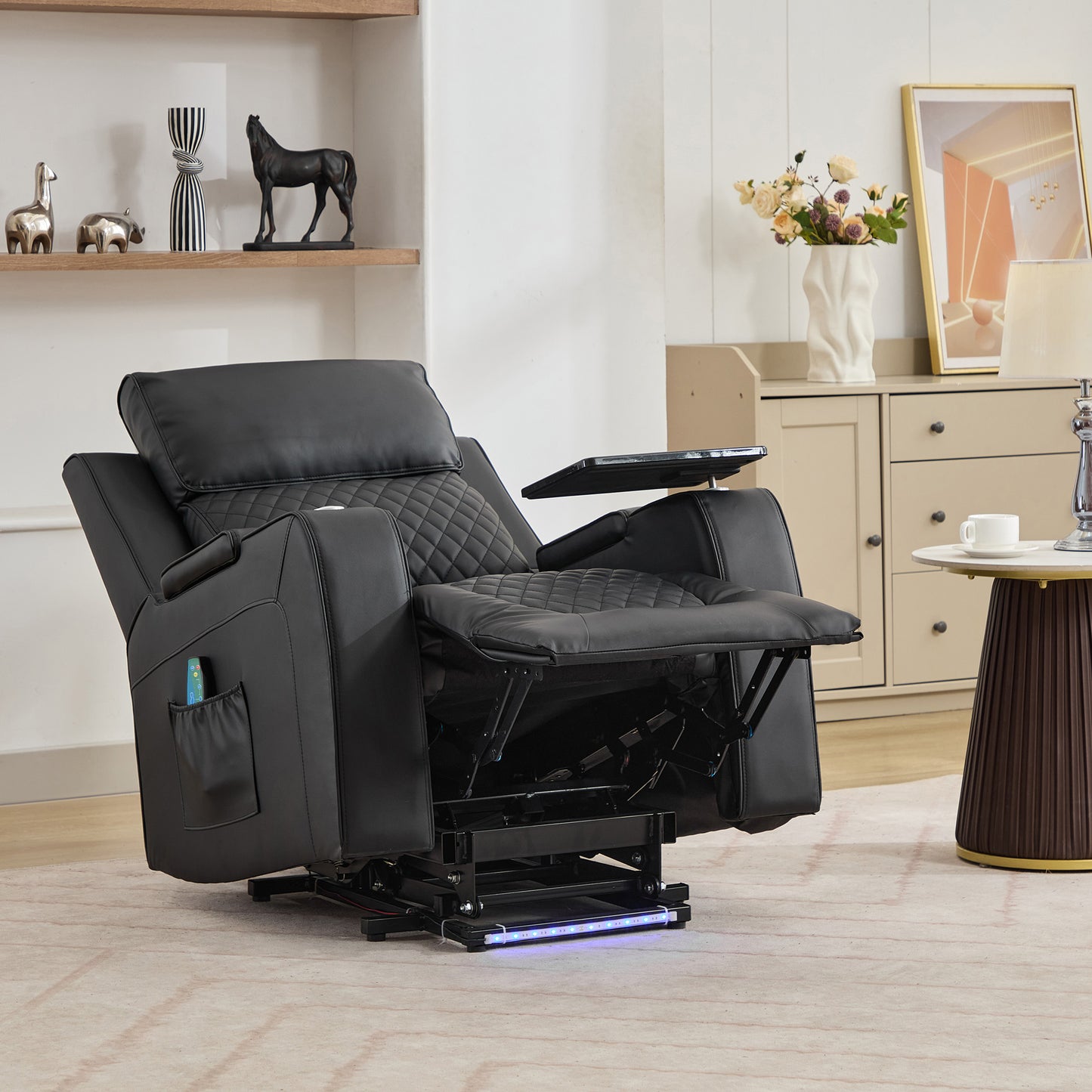Bancroft Electric Riser Recliner with Massage, Heat, Cooling Cup Holder, Storage + Table