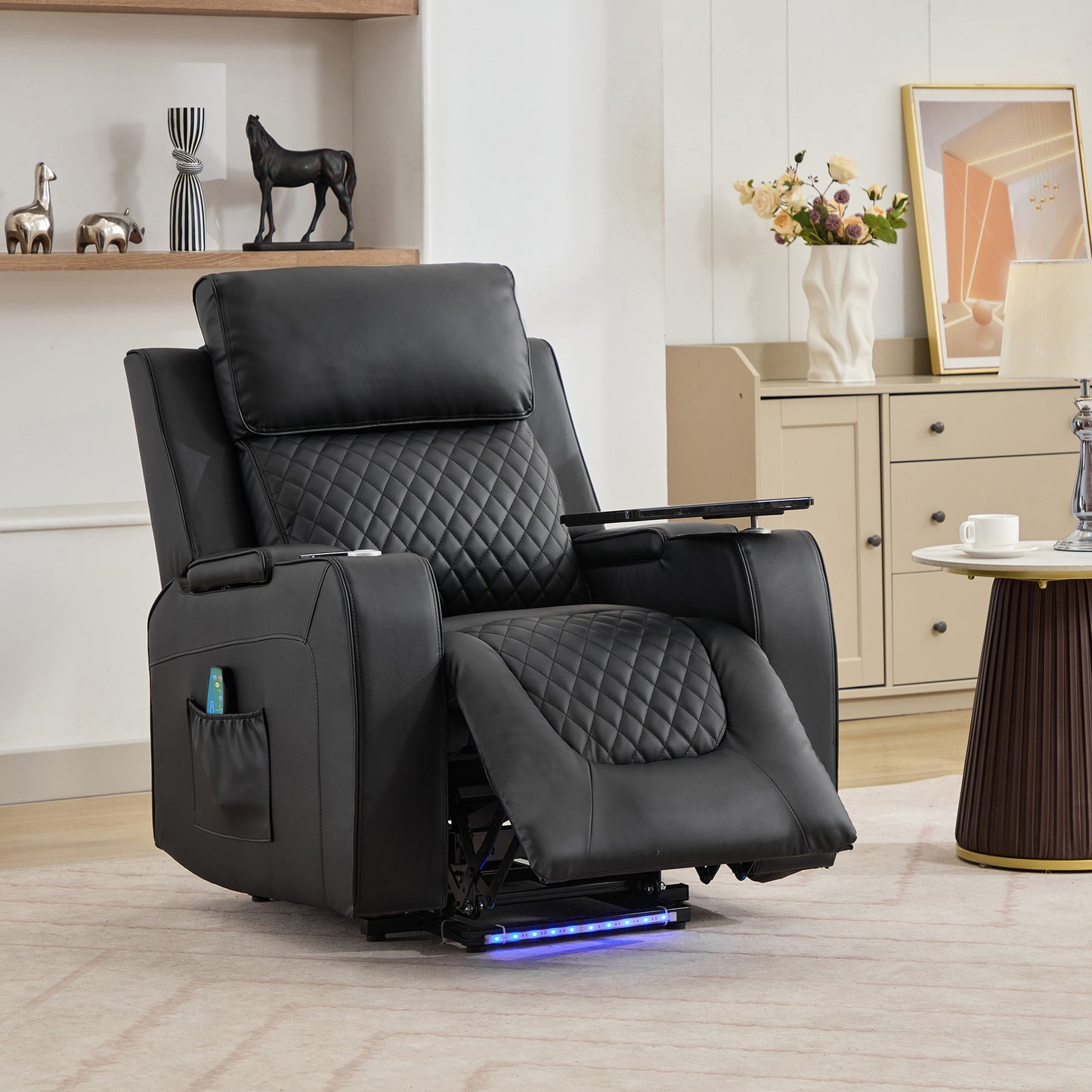 Bancroft Electric Riser Recliner with Massage, Heat, Cooling Cup Holder, Storage + Table