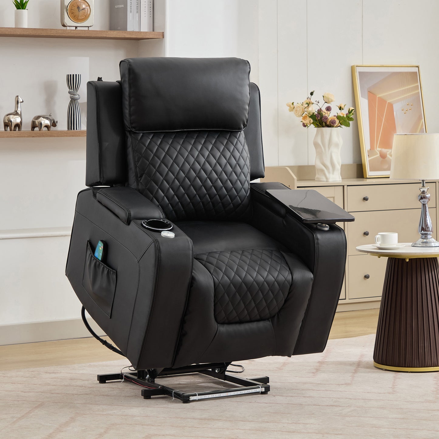 Bancroft Electric Riser Recliner with Massage, Heat, Cooling Cup Holder, Storage + Table
