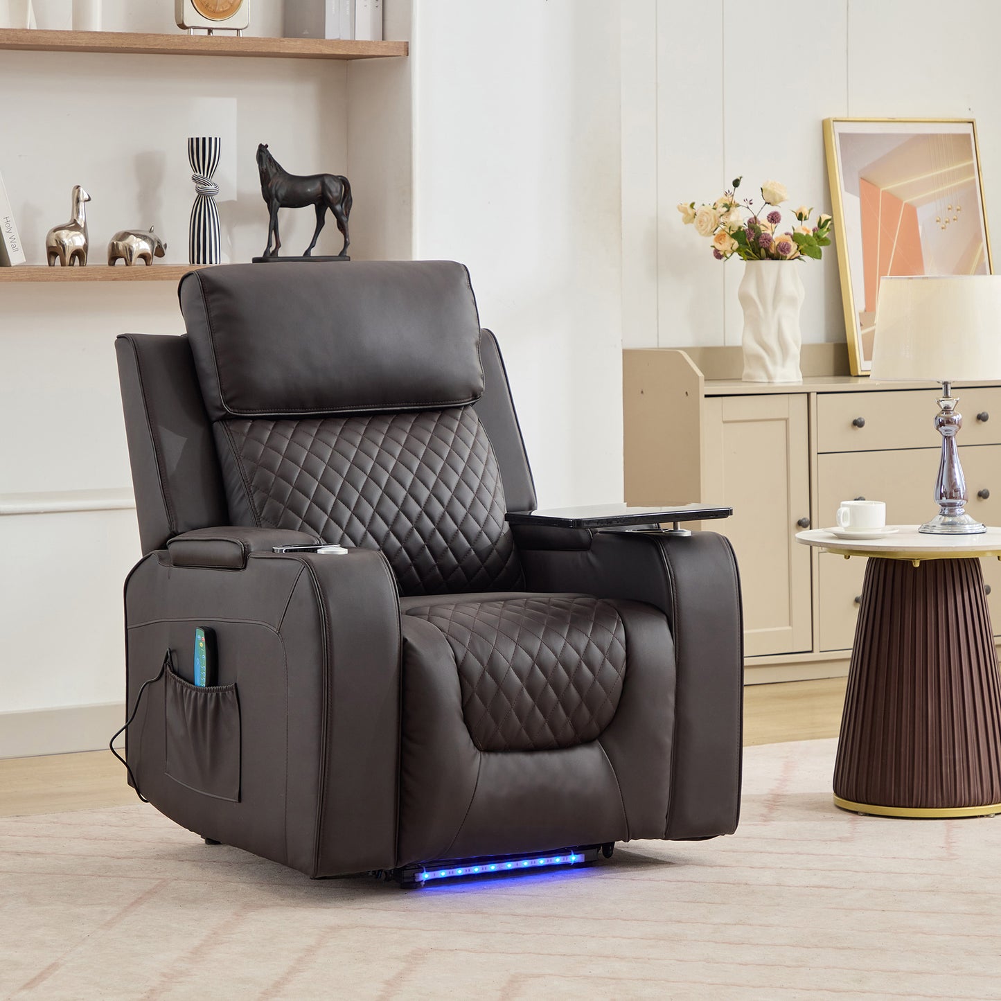 Bancroft Electric Riser Recliner with Massage, Heat, Cooling Cup Holder, Storage + Table