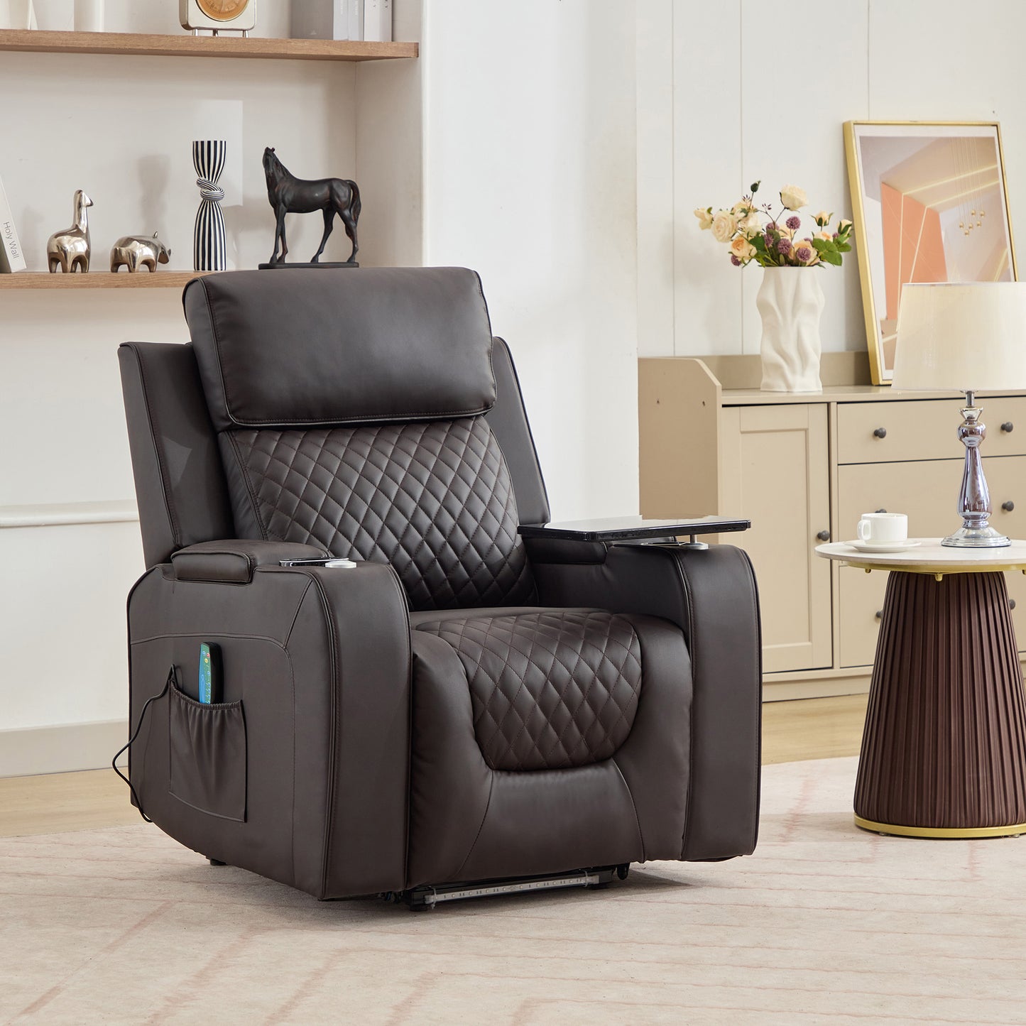Bancroft Electric Riser Recliner with Massage, Heat, Cooling Cup Holder, Storage + Table