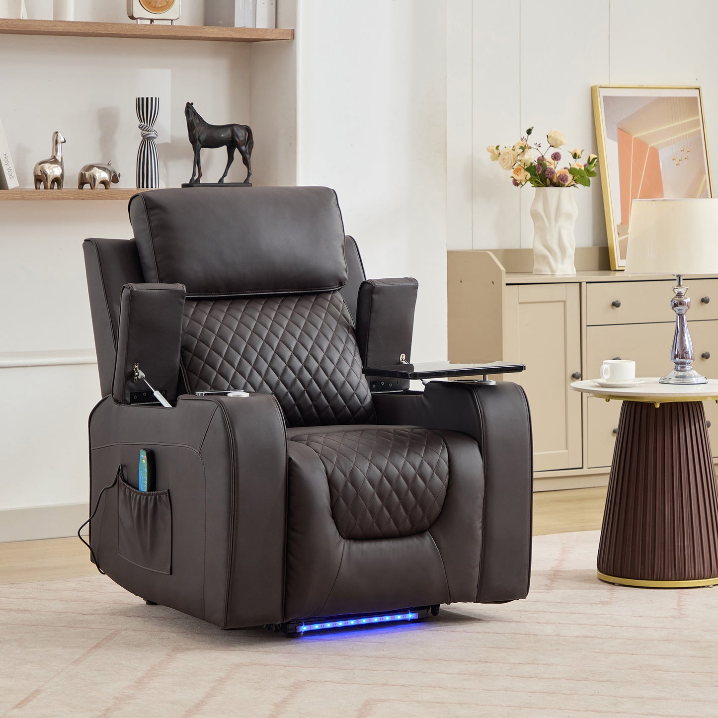 Bancroft Electric Riser Recliner with Massage, Heat, Cooling Cup Holder, Storage + Table