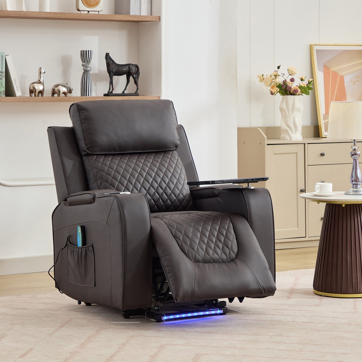 Bancroft Electric Riser Recliner with Massage, Heat, Cooling Cup Holder, Storage + Table