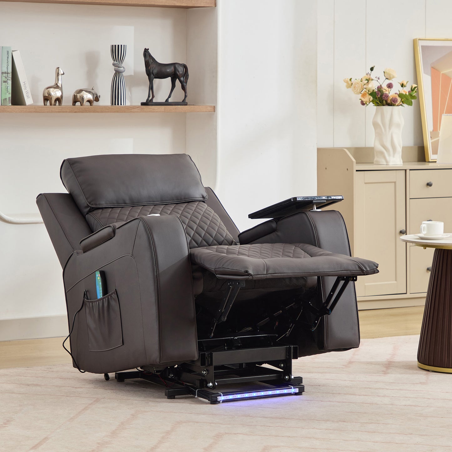 Bancroft Electric Riser Recliner with Massage, Heat, Cooling Cup Holder, Storage + Table