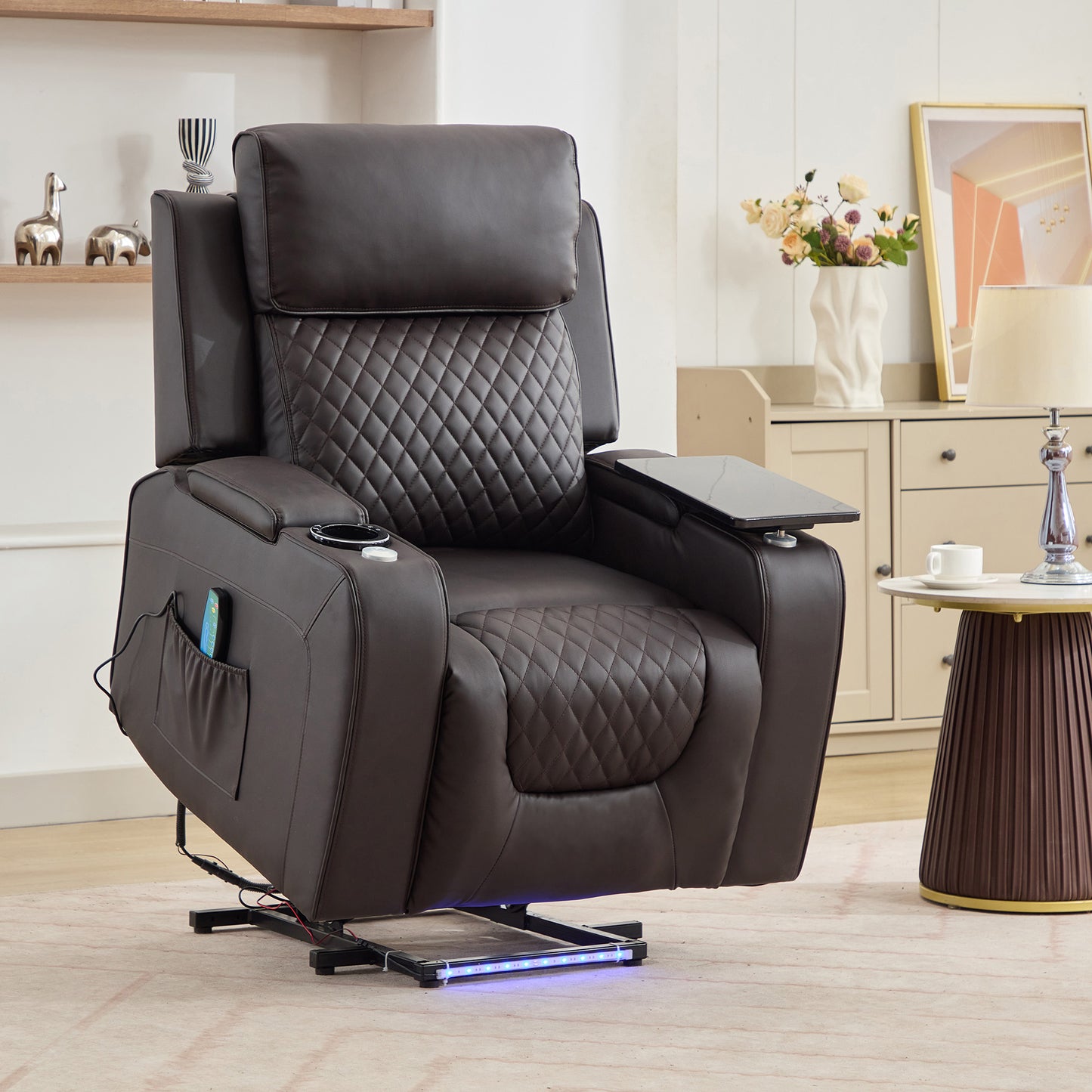 Bancroft Electric Riser Recliner with Massage, Heat, Cooling Cup Holder, Storage + Table