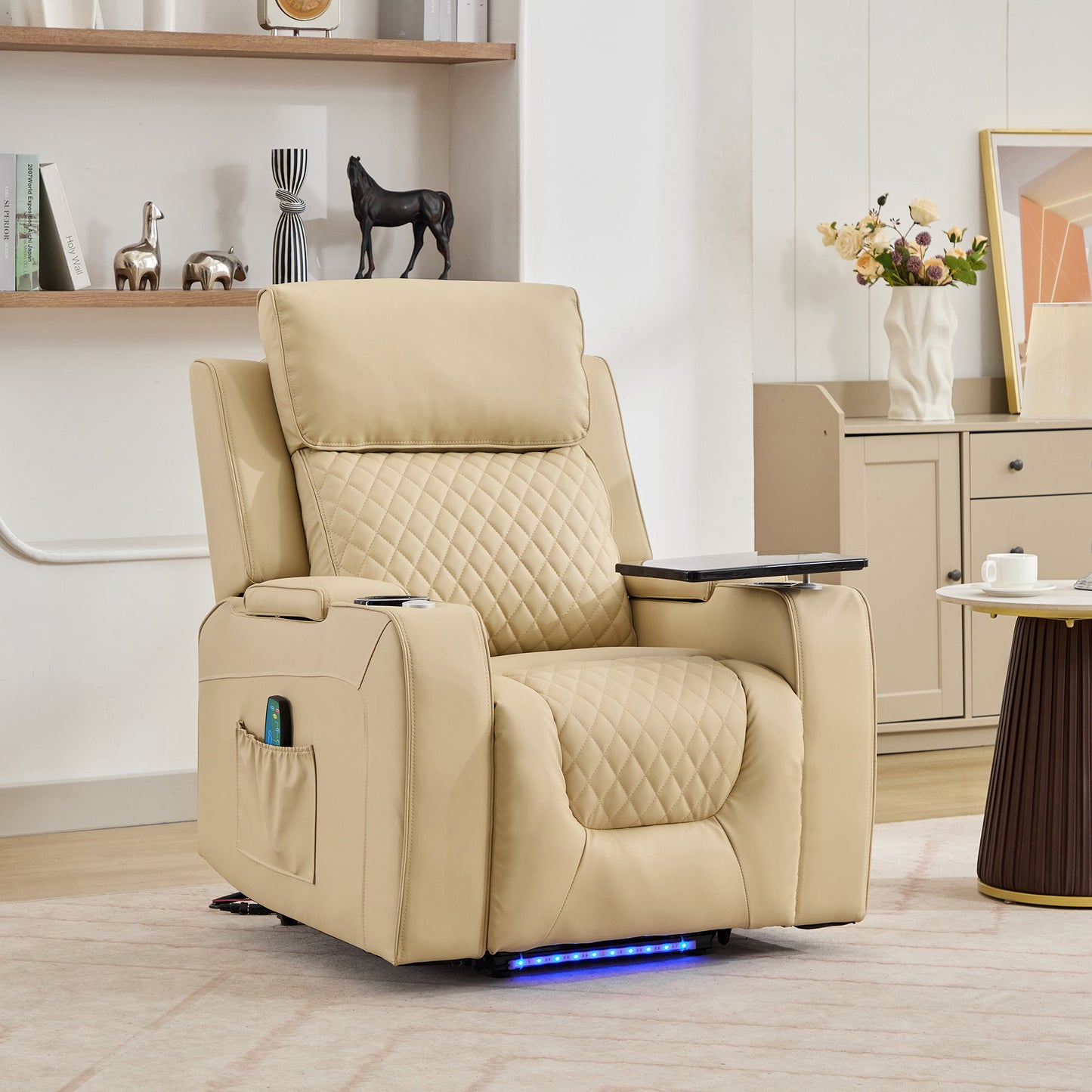 Bancroft Electric Riser Recliner with Massage, Heat, Cooling Cup Holder, Storage + Table