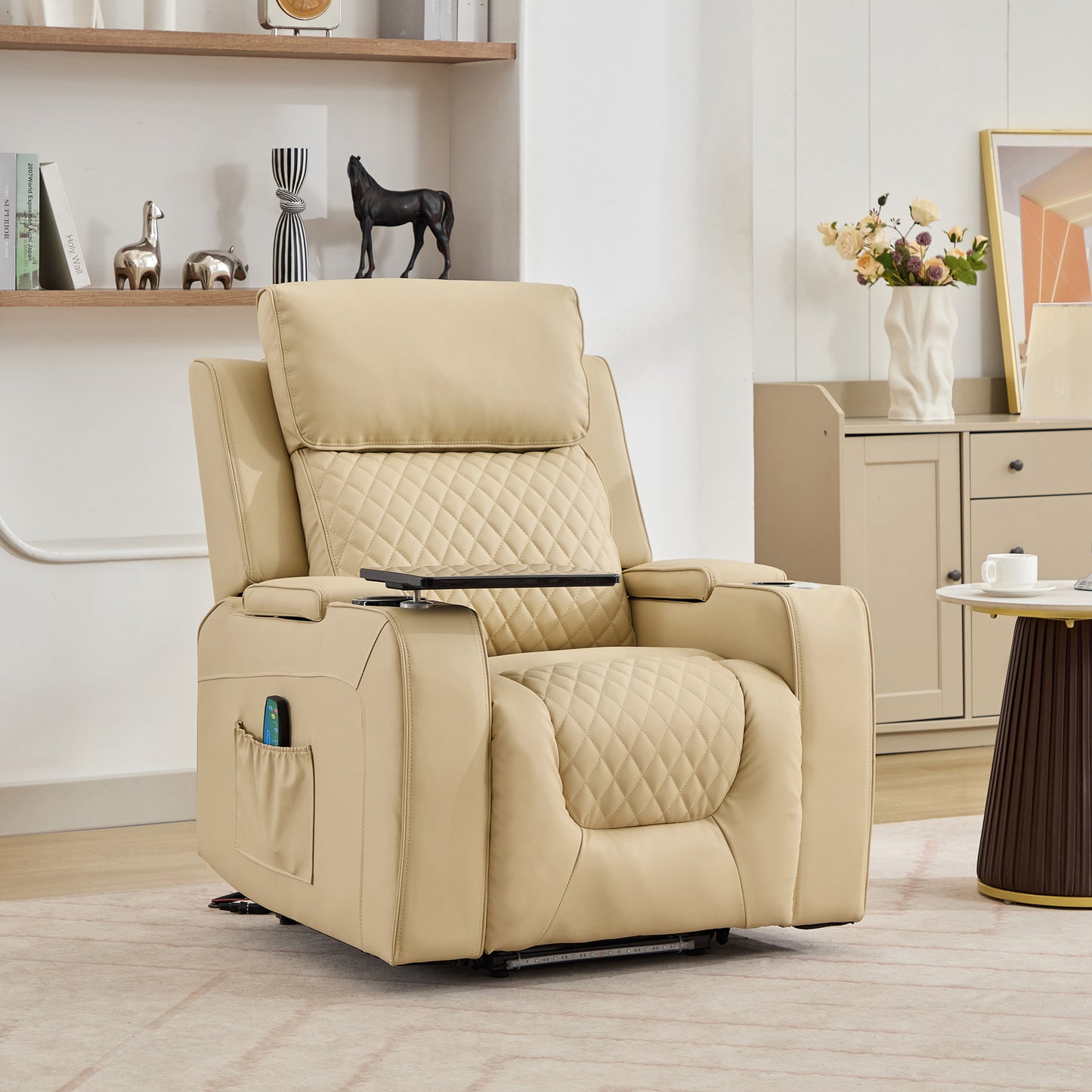 Bancroft Electric Riser Recliner with Massage, Heat, Cooling Cup Holder, Storage + Table