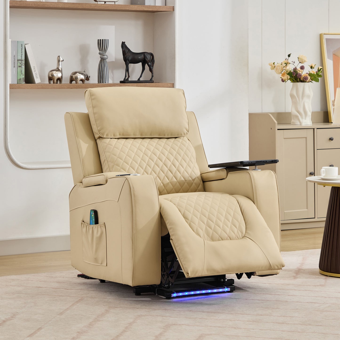 Bancroft Electric Riser Recliner with Massage, Heat, Cooling Cup Holder, Storage + Table
