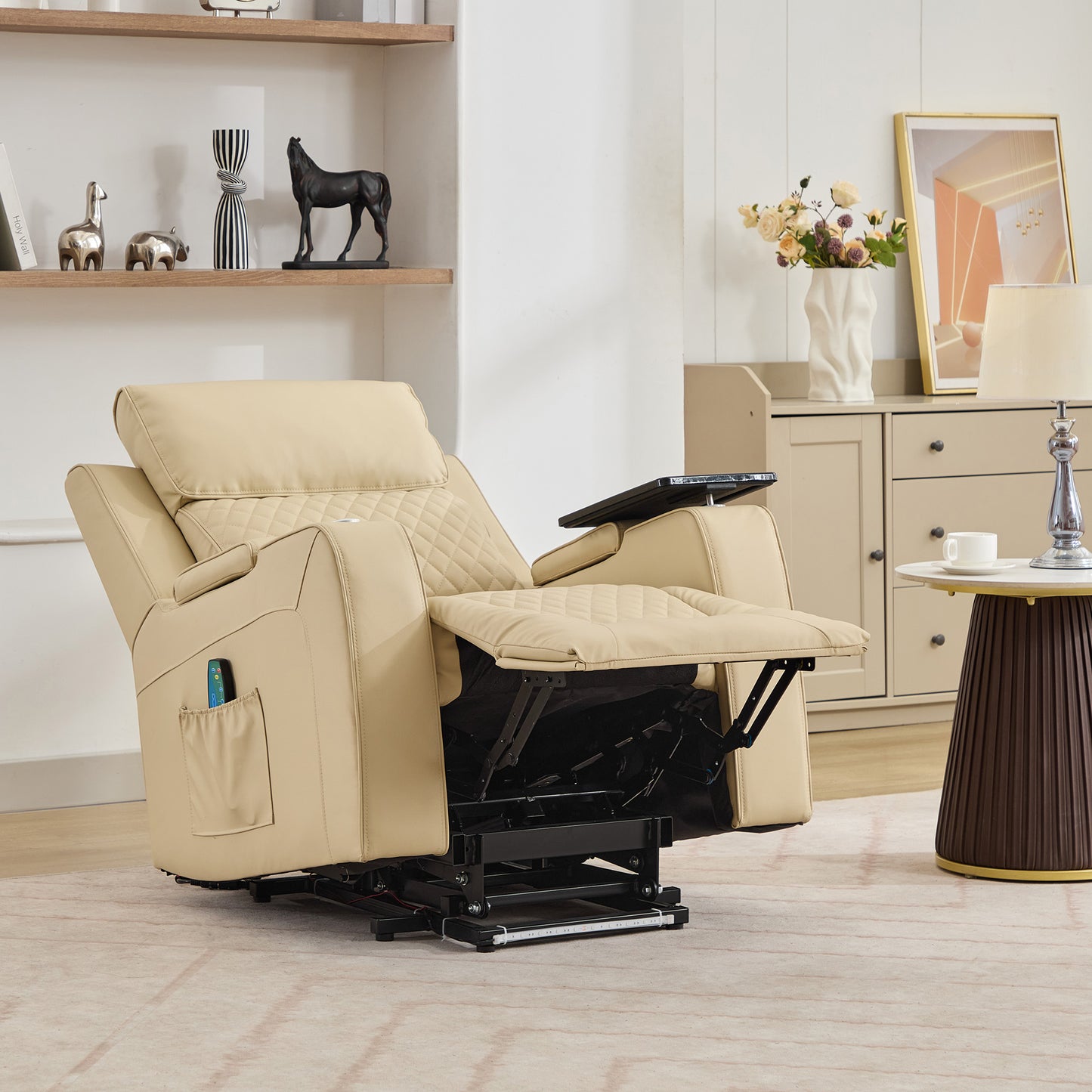 Bancroft Electric Riser Recliner with Massage, Heat, Cooling Cup Holder, Storage + Table