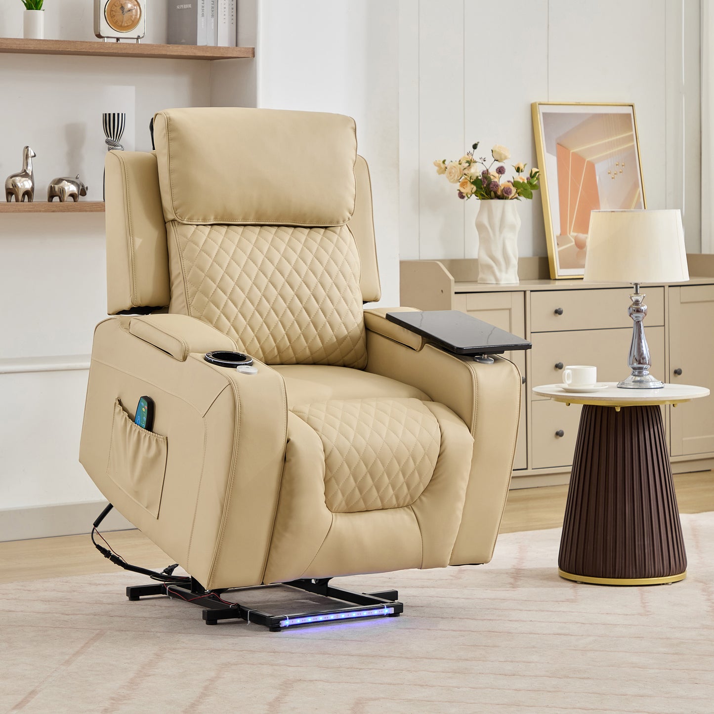 Bancroft Electric Riser Recliner with Massage, Heat, Cooling Cup Holder, Storage + Table