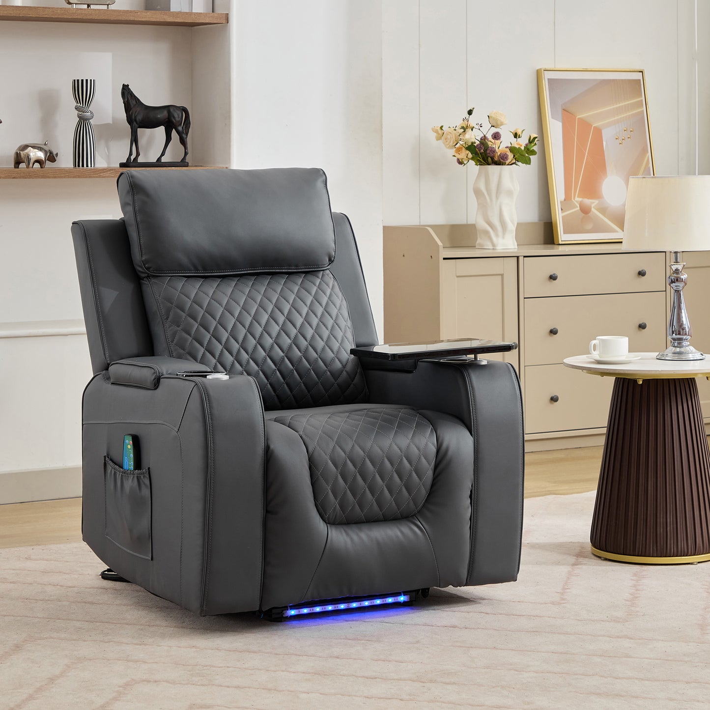 Bancroft Electric Riser Recliner with Massage, Heat, Cooling Cup Holder, Storage + Table