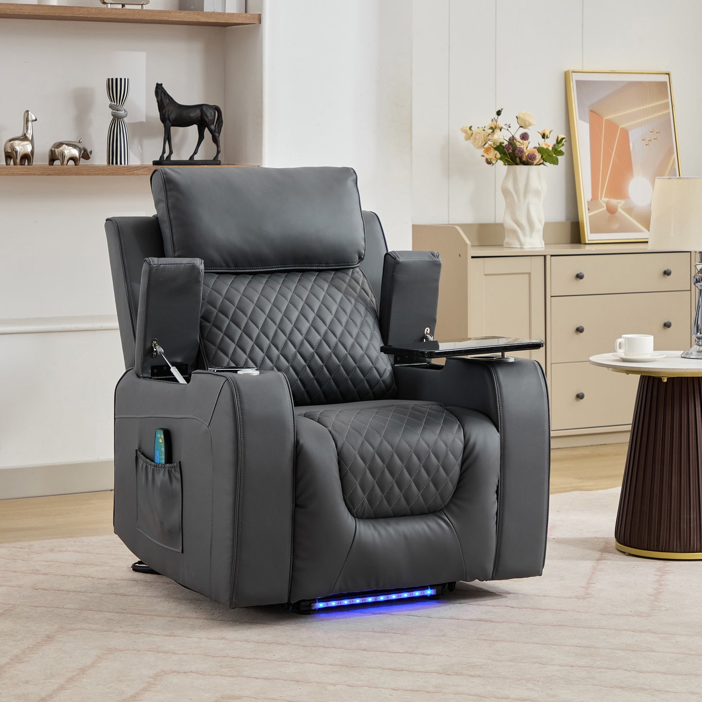 Bancroft Electric Riser Recliner with Massage, Heat, Cooling Cup Holder, Storage + Table