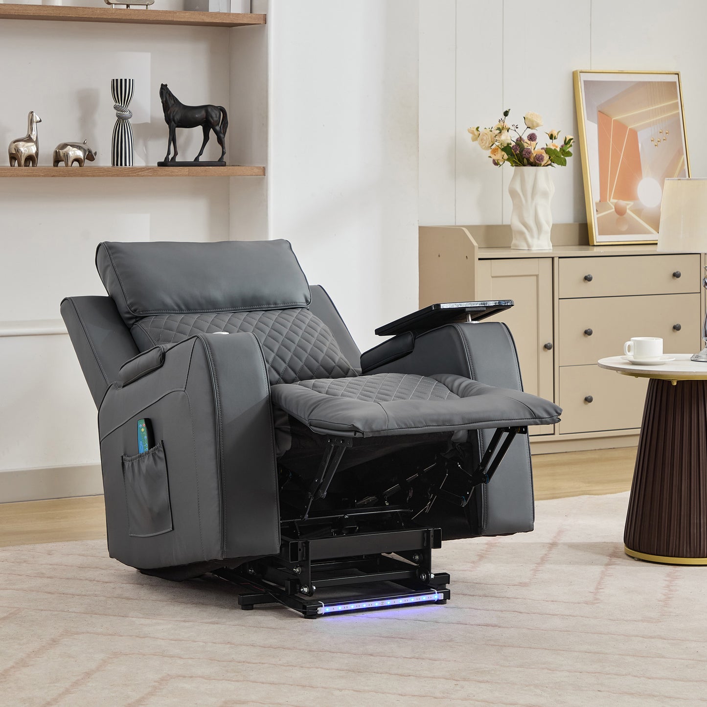 Bancroft Electric Riser Recliner with Massage, Heat, Cooling Cup Holder, Storage + Table