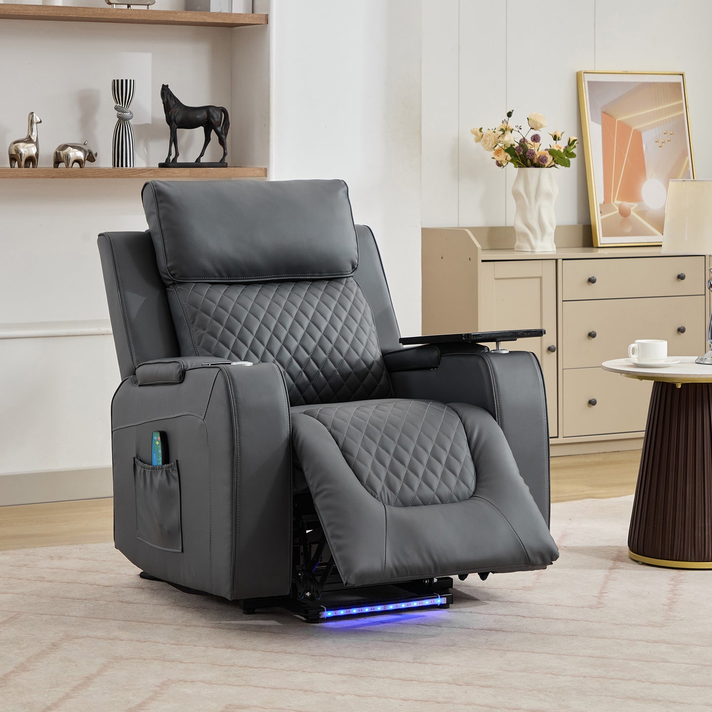 Bancroft Electric Riser Recliner with Massage, Heat, Cooling Cup Holder, Storage + Table