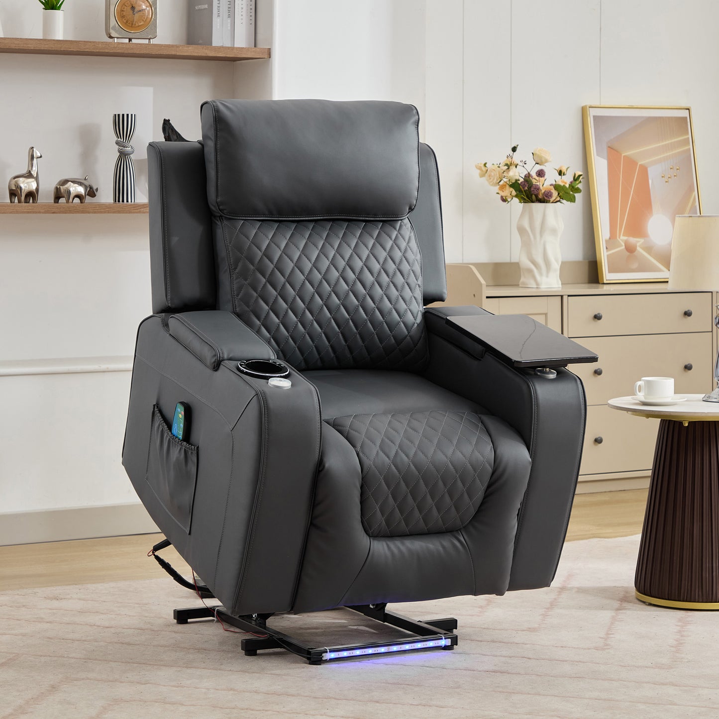 Bancroft Electric Riser Recliner with Massage, Heat, Cooling Cup Holder, Storage + Table