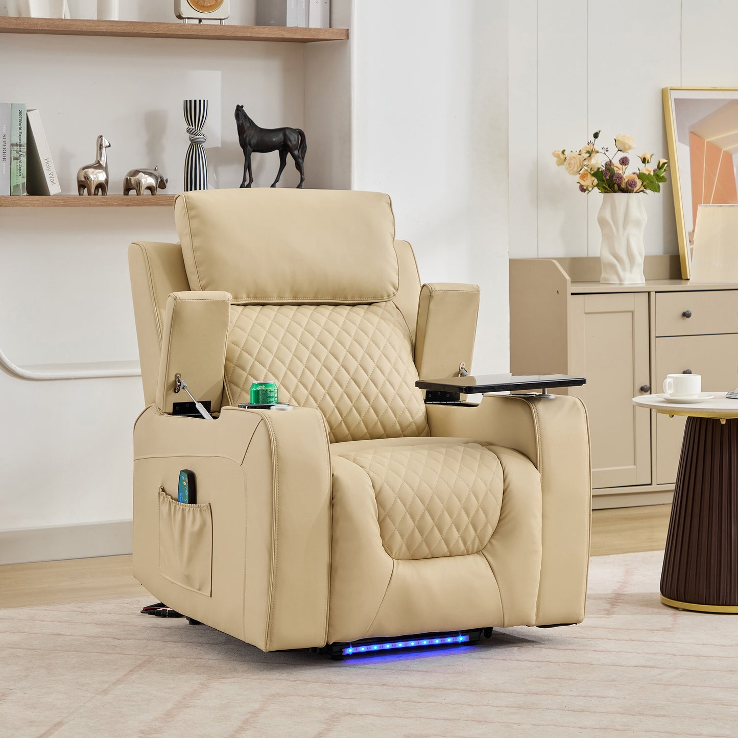 Bancroft Electric Riser Recliner with Massage, Heat, Cooling Cup Holder, Storage + Table